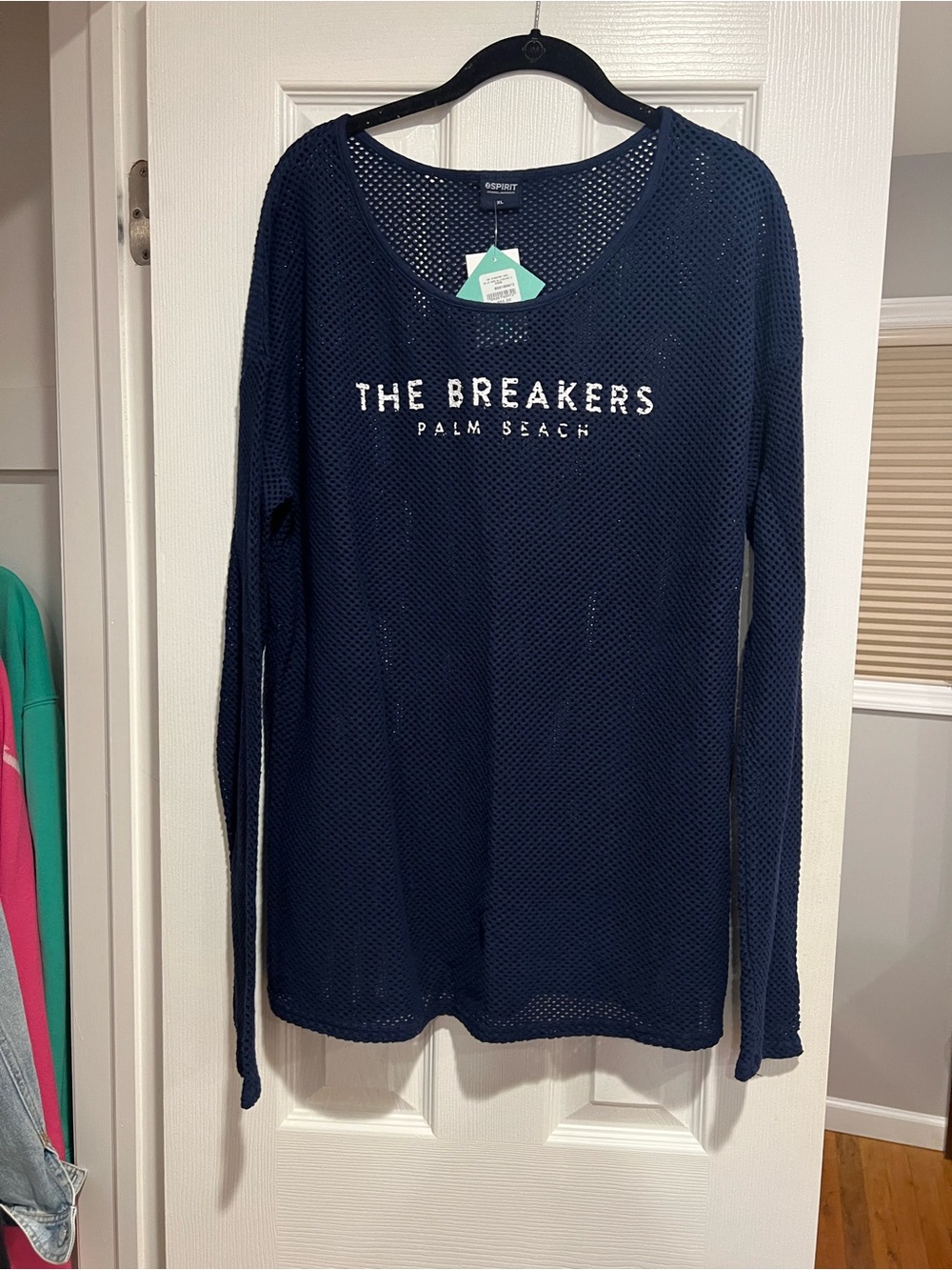 Navy Open-Knit Long-Sleeve Tee with 'The Breakers' Hotel Print
